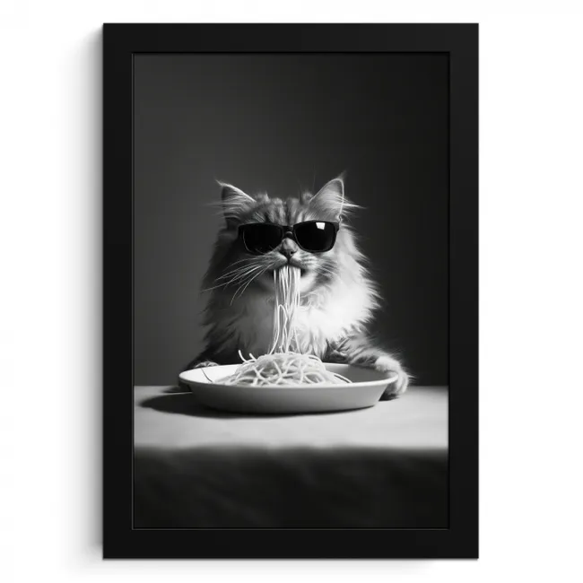 Langharige kat - Zonnebril - Spaghetti - Humor - Zwart - wit KitchenYeah - Keuken - Fotolijst klein -3d