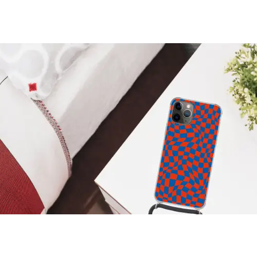 Golvende vakjes - Blauw - Rood - Abstract Hoesje iPhone 12 Pro met koord klein -kamer
