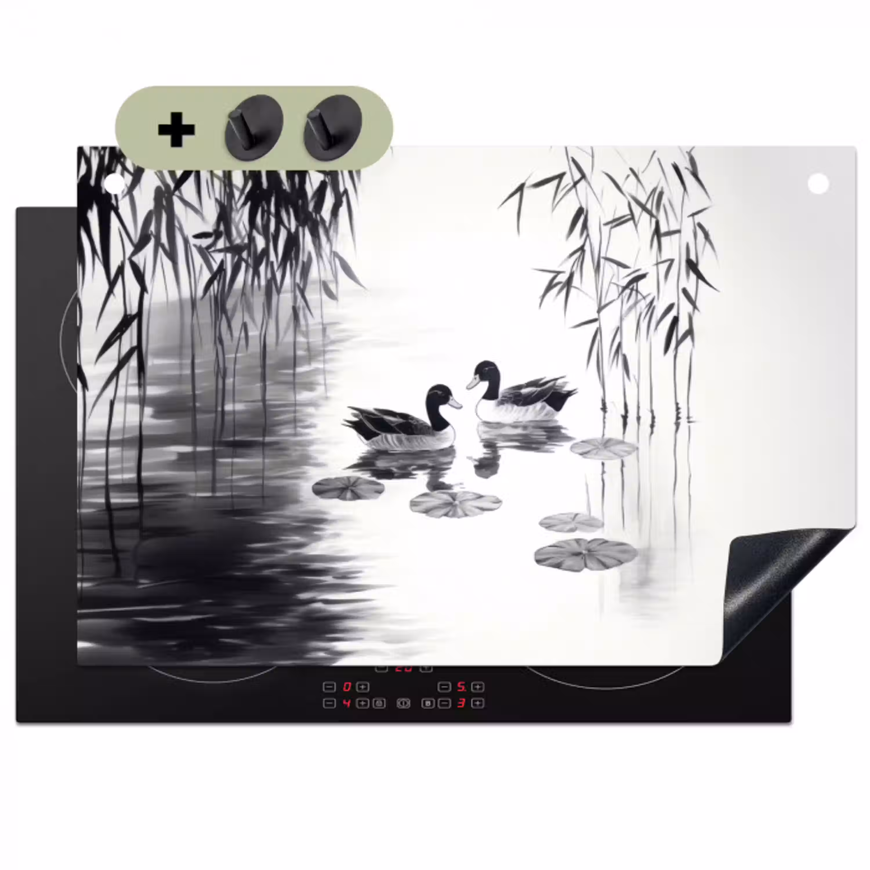 Eenden - Waterlelies - Riet - Zwart Inductie beschemer met haakjes klein -3d