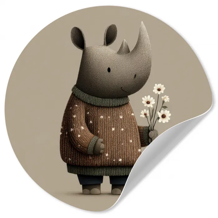Neushoorn - Witte bloemen - Lief Wandcirkel behangsticker klein -3d