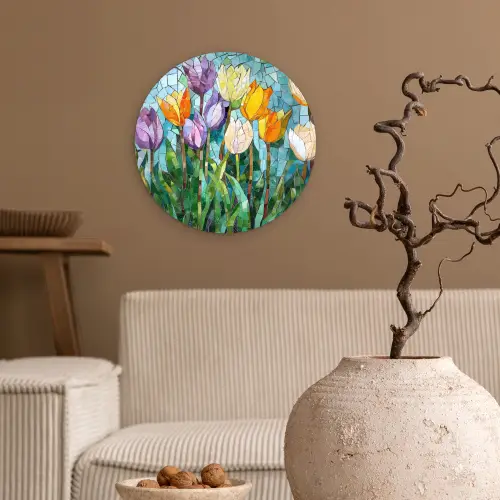 Mozaïek - Veld - Tulpen - Kleurrijk Wandcirkel kunststof plaat 5mm dik klein -sfeer1