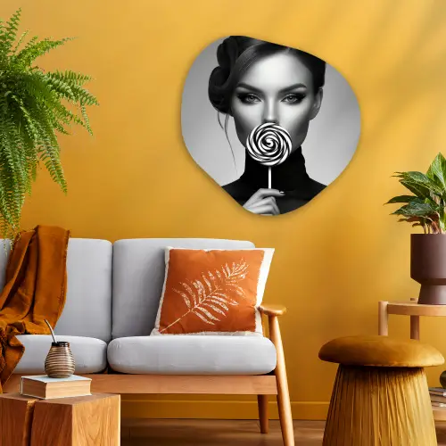 Vrouw - Lolly - Zwart Wandcirkel Organisch Plexiglas middel -sfeer4