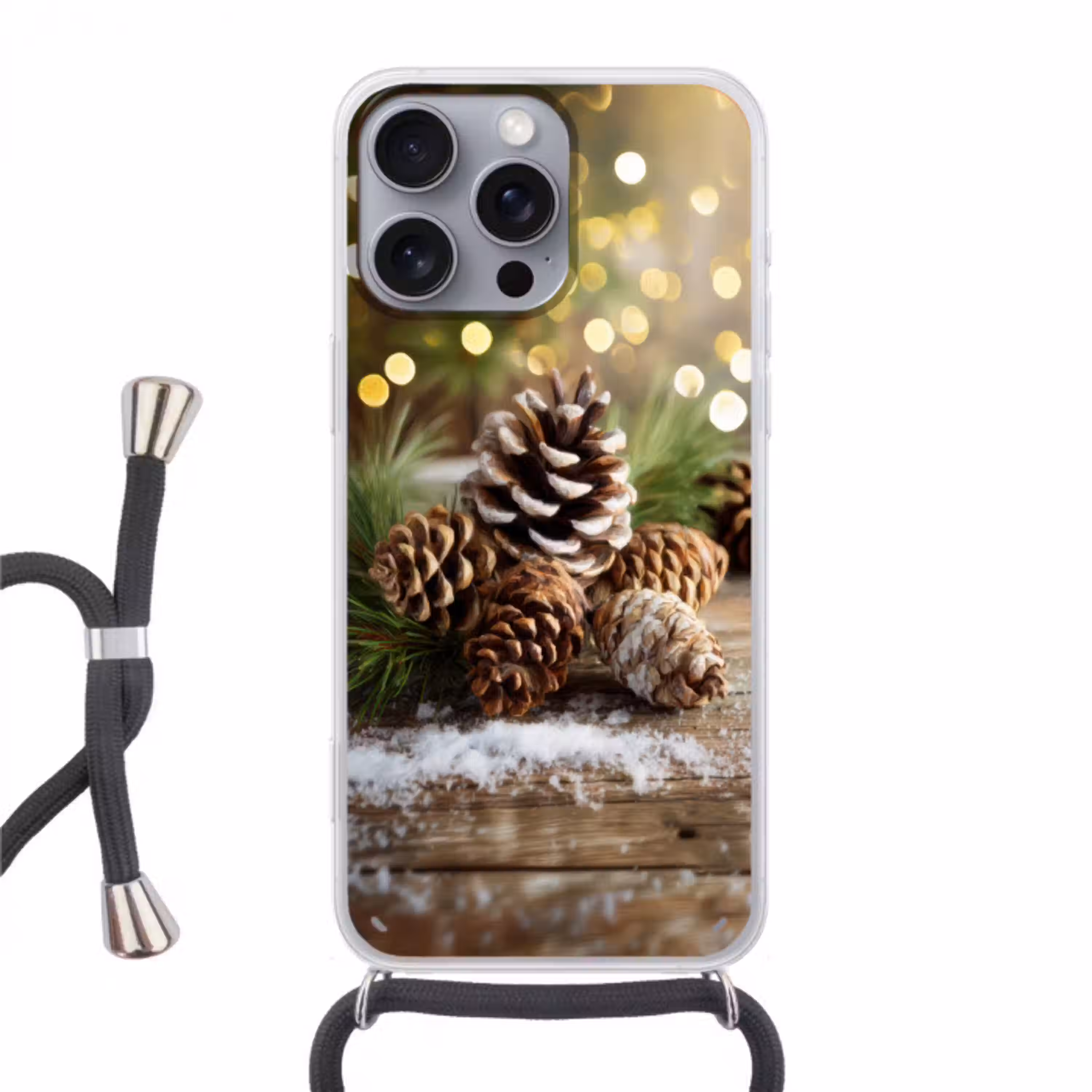 Dennenappels - Kerstsfeer - Bruin - Groen Hoesje iPhone 16 Pro Max met koord klein -3d