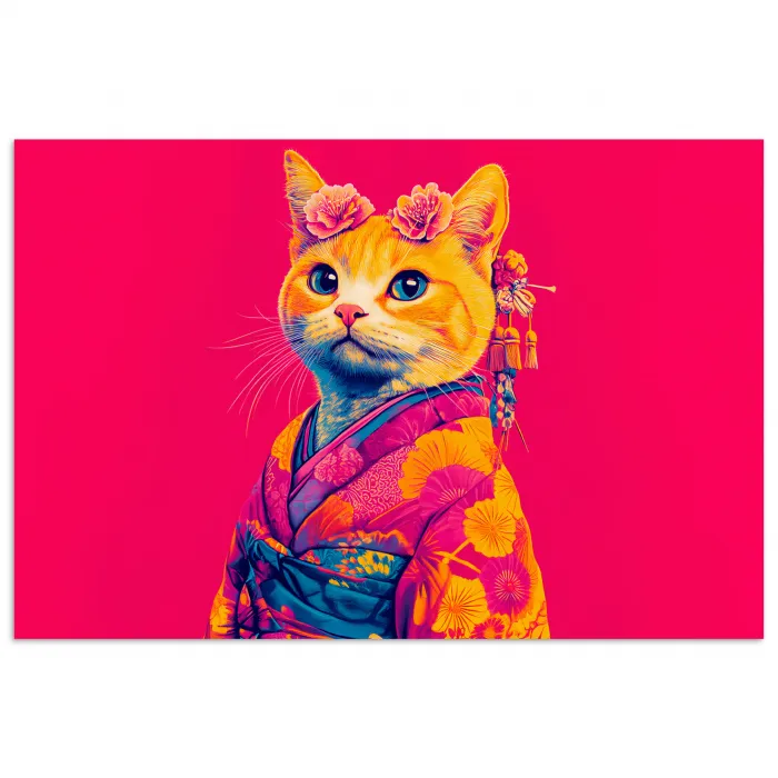 Kat - Kimono - Bloemen - Roze poster papier klein -3d