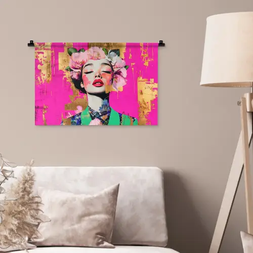 Bloemenkroon - Goud - Vrouw - Portret Wandkleed katoen klein -sfeer4