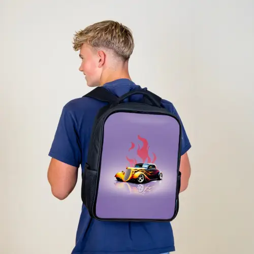 Gele auto met roze vlammen Rugzak - Zwart middel -sfeer8