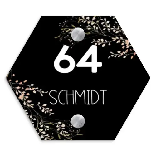 Botanisch - Zwart - Modern Naambord Hexagon klein -3d