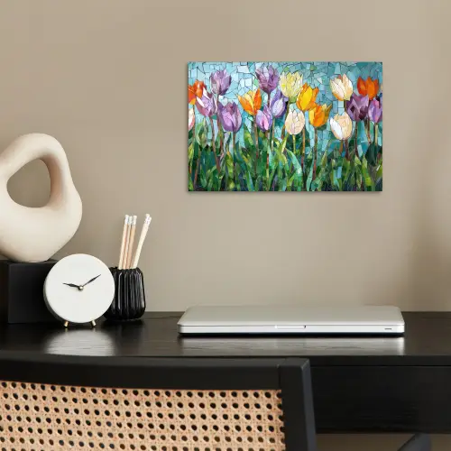 Mozaïek - Veld - Tulpen - Kleurrijk poster papier klein -sfeer1