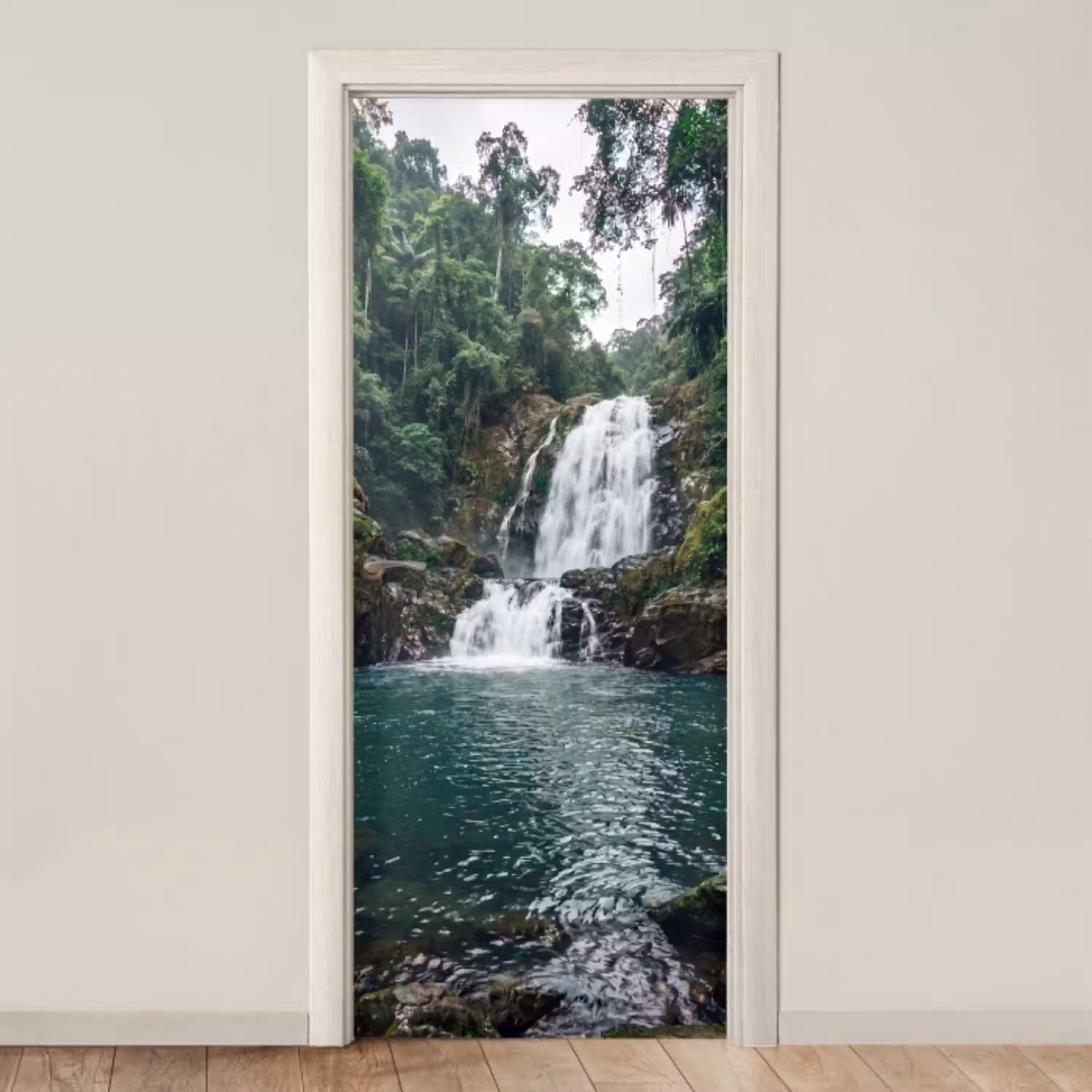 Waterfall - Forest - Nature - Greenkhgyguyg deurposter klein -3d_beige