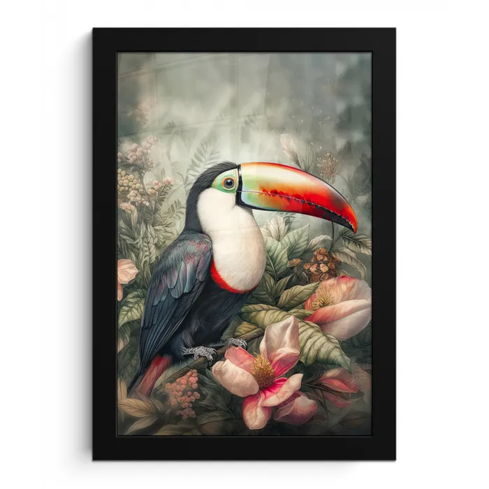 Toekan - Vogels - Bloemen - Planten - Tropisch fotolijst zwart zonder passe partout klein -3d