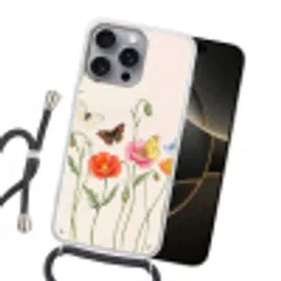 Vlinders - Klaprozen - Illustratie - Kleurrijk Hoesje iPhone 16 Pro Max met koord klein -sfeer1