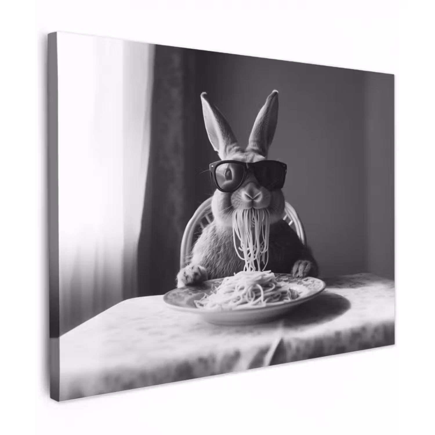 Leinwandbild - Kaninchen - Hase - Sonnenbrille - Tischtuch - Nudeln - Niedlich