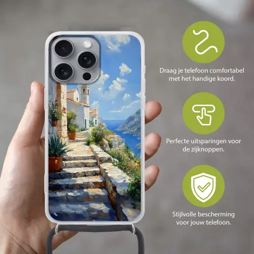 Trap - Huizen - Berglandschap - Zee Hoesje iPhone 16 Pro Max met koord klein -sfeer2_NL