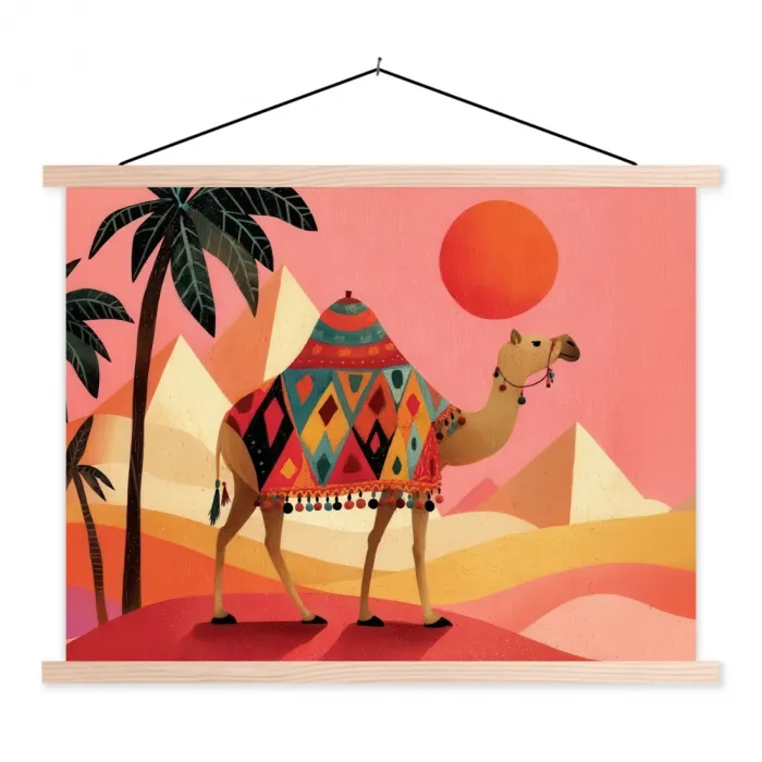 Kameel - Pyramides - Rode zon textielposter latten blank klein -3d