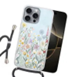 Weidebloemen - Illustratie - Kleurrijk Hoesje iPhone 16 Pro Max met koord klein -sfeer1