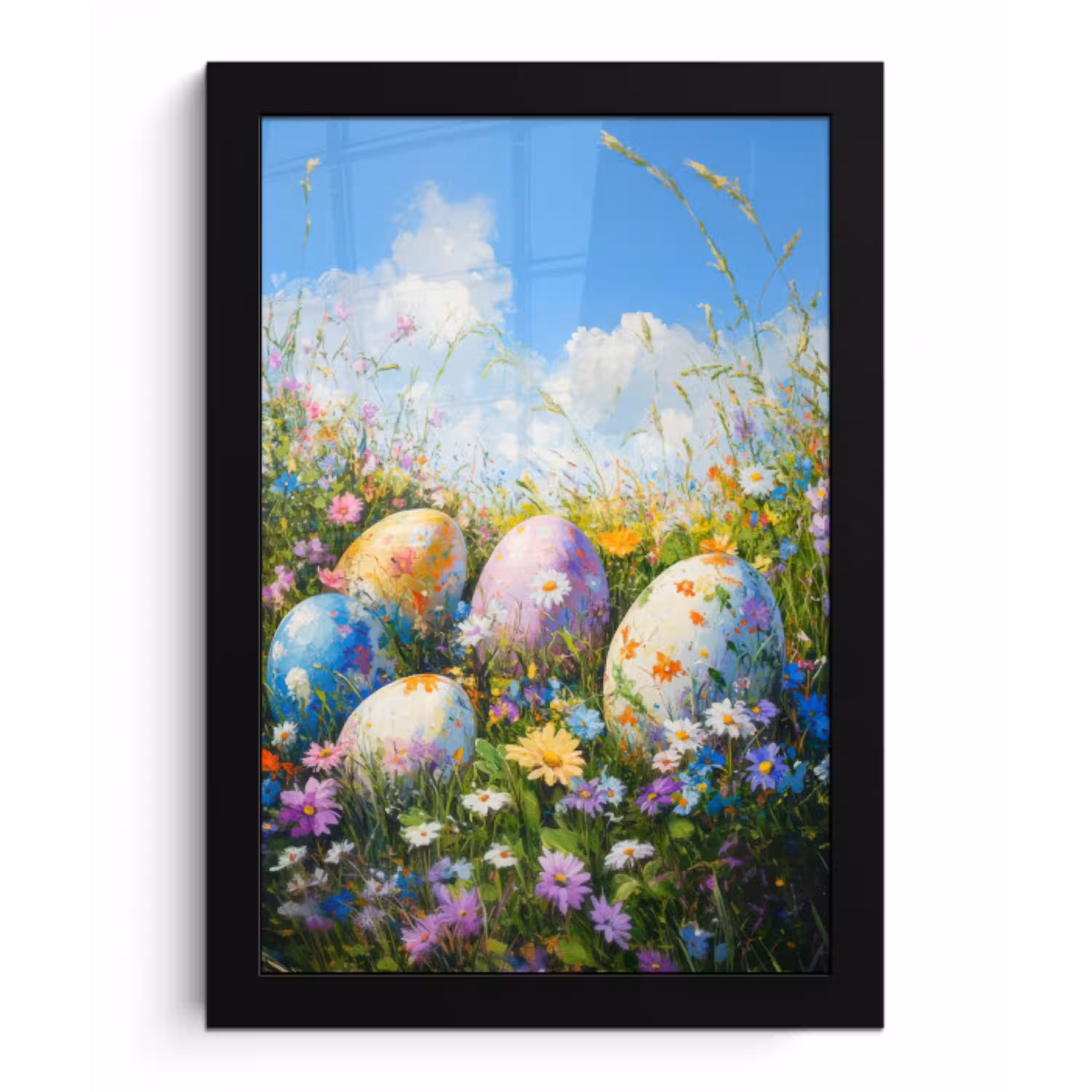 Grasveld - Eieren - Bloemen fotolijst zwart zonder passe partout klein -3d