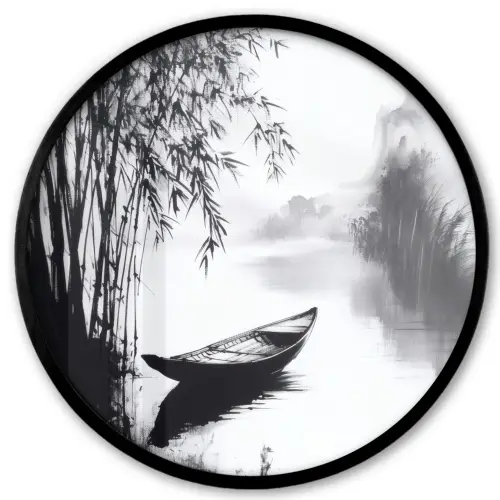 Boot - Rivier - Bamboe - Wit Fotolijst rond zonder passe partout klein -3d