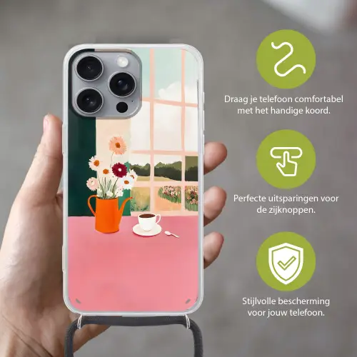 Bloemen - Koffie - Raam Hoesje iPhone 16 Pro Max met koord klein -sfeer2_NL