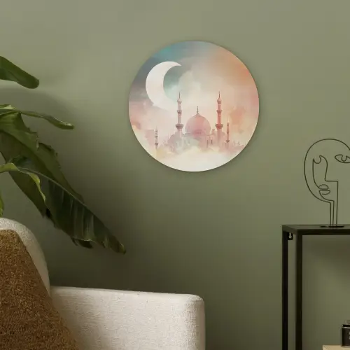 Moskee - Kleurrijke wolken - Arabisch - Ramadan - Islamitische Akoestische PET Vilt - Rond klein -sfeer2