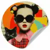 Meisje - Zonnebril - Kat - Retro Wandcirkel behangsticker klein -3d