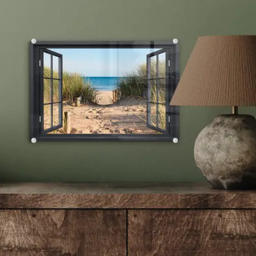 Doorkijk - Strand - Zee - Zand - Water - Helmgras - Duinen plexiglas 5mm klein -sfeer3