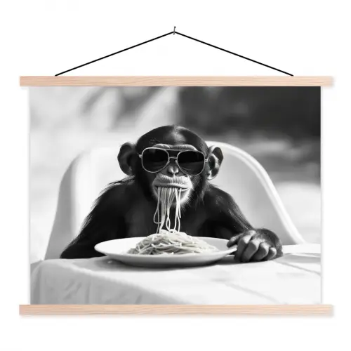 Aap - Spaghetti - Zonnebril - Zwart wit - Cool - Dier textielposter latten blank klein -3d