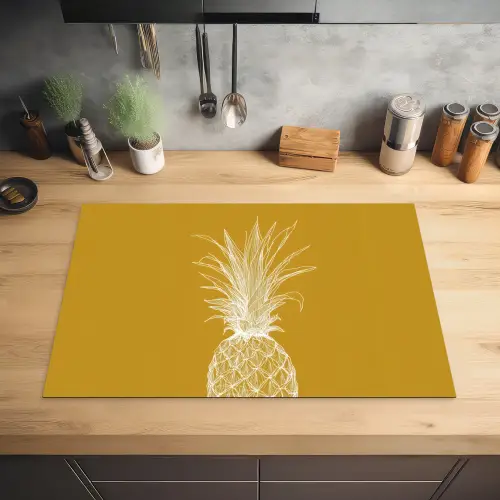 Lijnillustratie - Ananas - Bladkroon - Okergeel Inductie beschermer vinyl 3mm klein -sfeer5