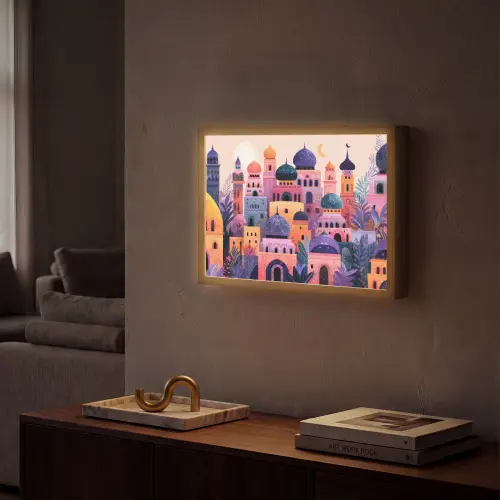 Kleurrijke stad - Zon - Islamitisch Light Box met batterij (Wandlamp) middel -sfeer1