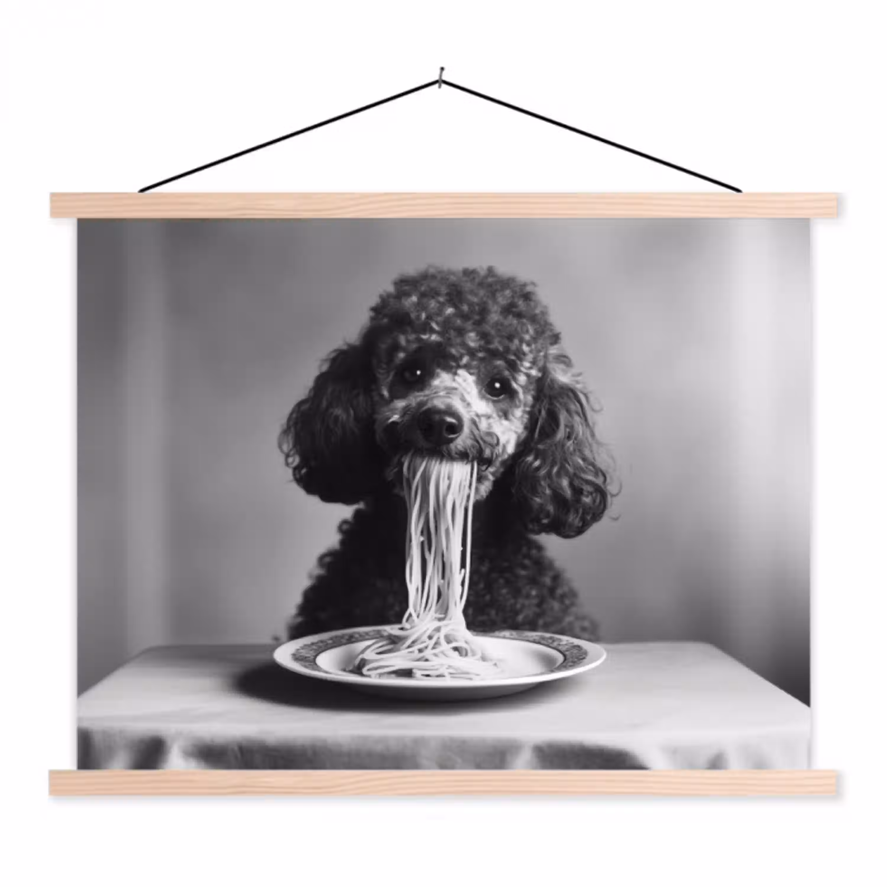 Poedel - Hond - Zwart - Wit - Schattig - Pasta textielposter latten blank klein -3d