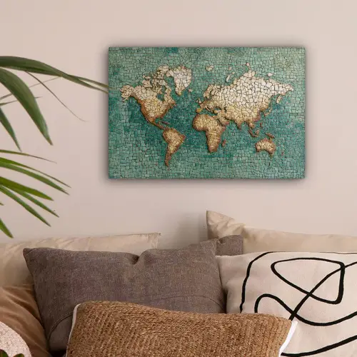 Wereldkaart - Gebroken tegels - Mozaïek canvas 2cm klein -sfeer1