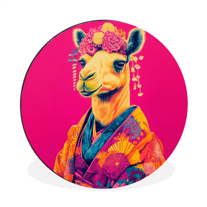 Kameel - Bloemen - Kimono - Waaiers Wandcirkel aluminium klein -3d