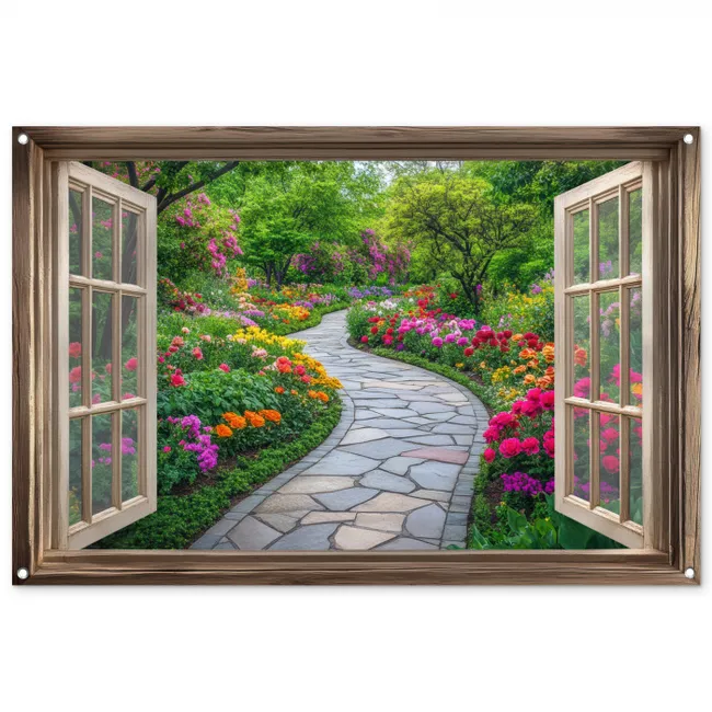 Gartenposter - Aussicht - Blumen - Gartenweg - Natur - Fenster