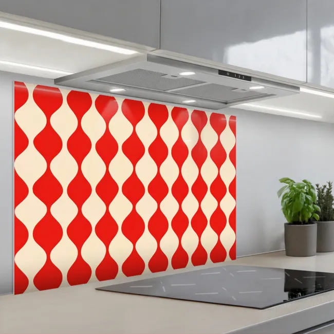 Paraschizzi cucina - Motivo ondulato - Retrò - Rosso - Beige