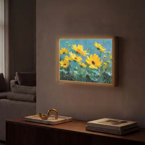 Penseelstreken - Bloemen - Felgeel - Abstract Light Box met batterij (Wandlamp) middel -sfeer1