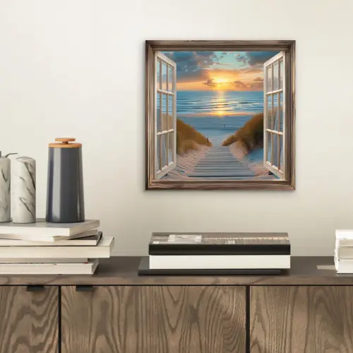 Doorkijk - Strand - Pad - Zonsondergang aluminium wit klein -sfeer1