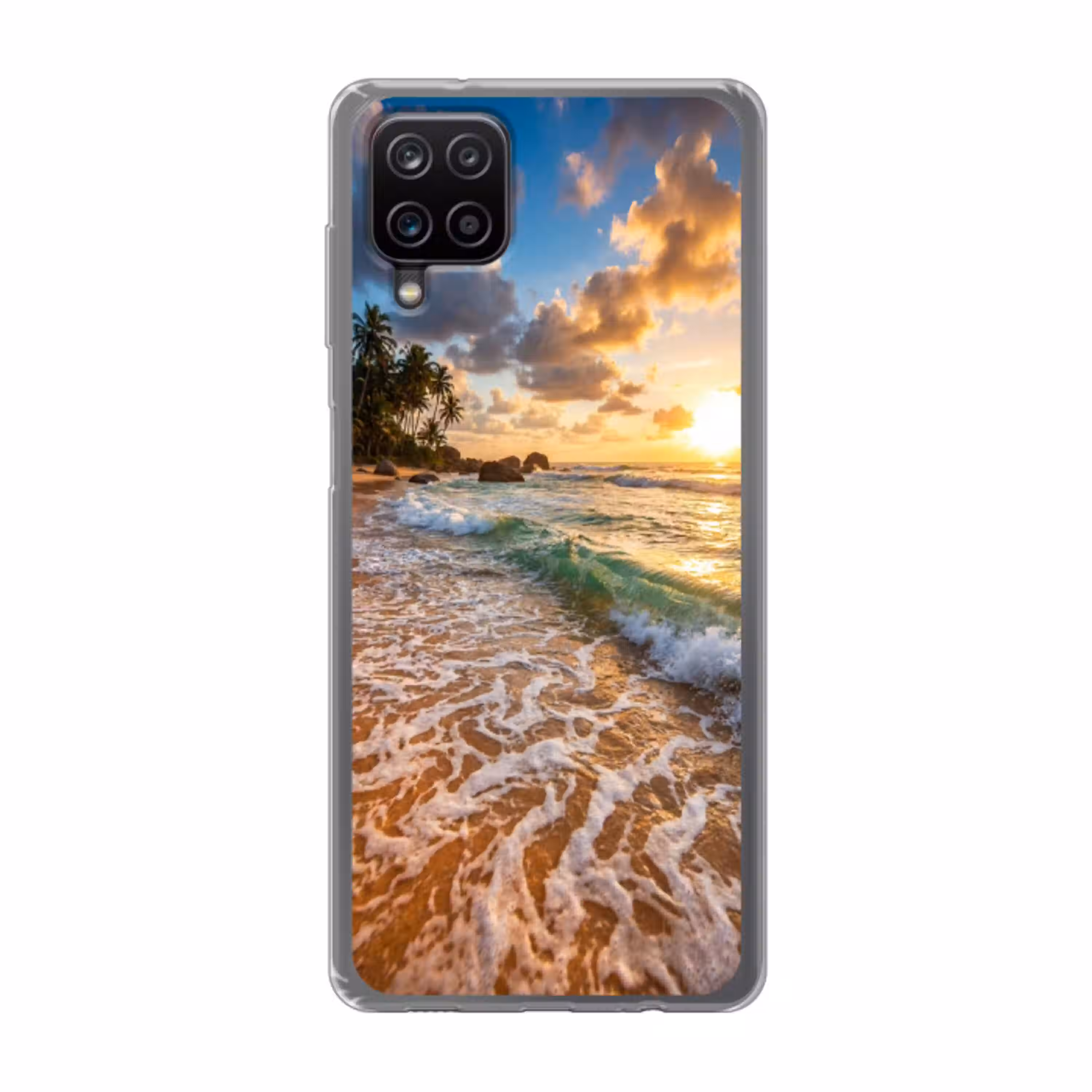 Strand - Zonsondergang - Golven - Natuur - Goud Telefoonhoesje Samsung Galaxy A12 klein -3d