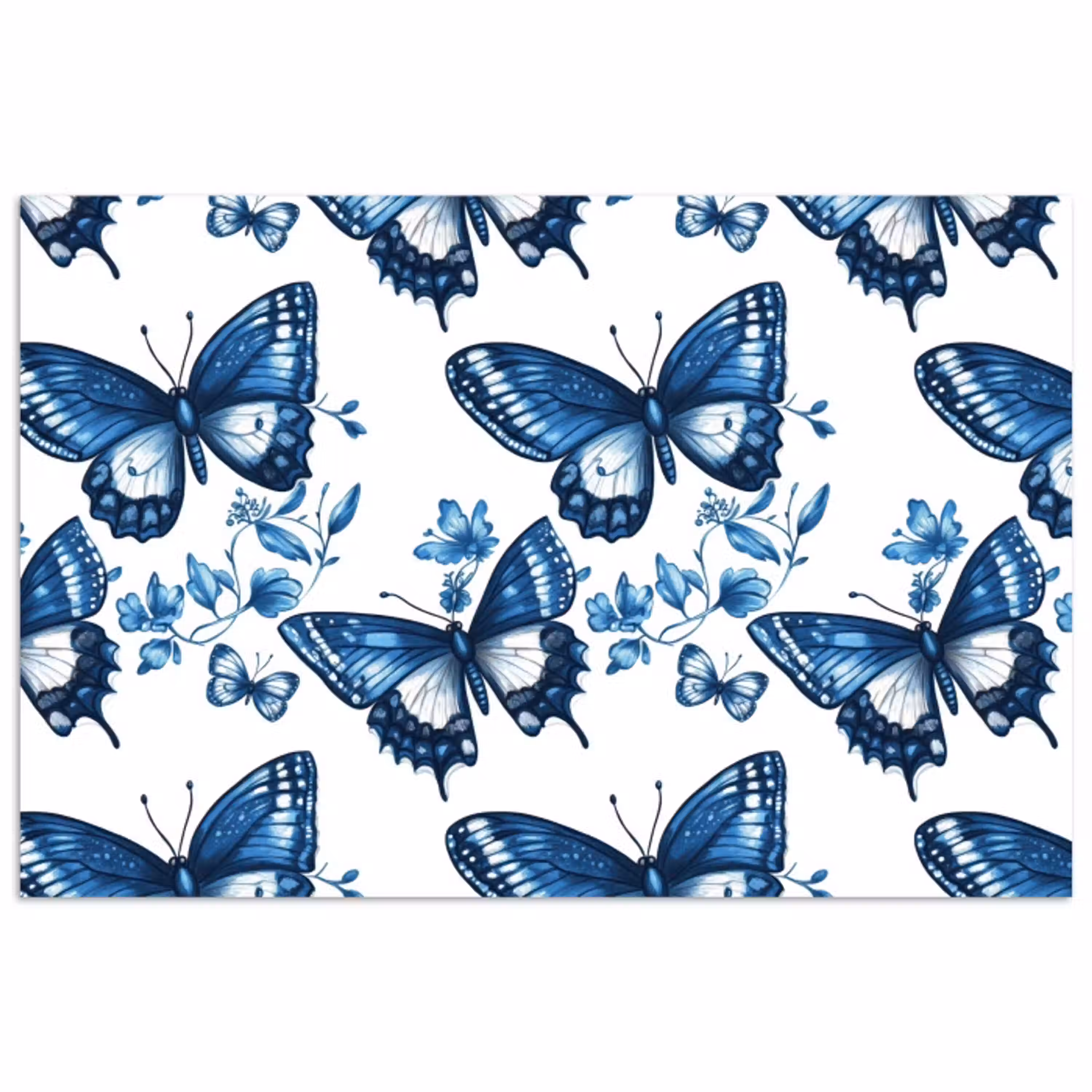 Blauw - Vlinders - Bloemen - Wit poster papier klein 62 -3d