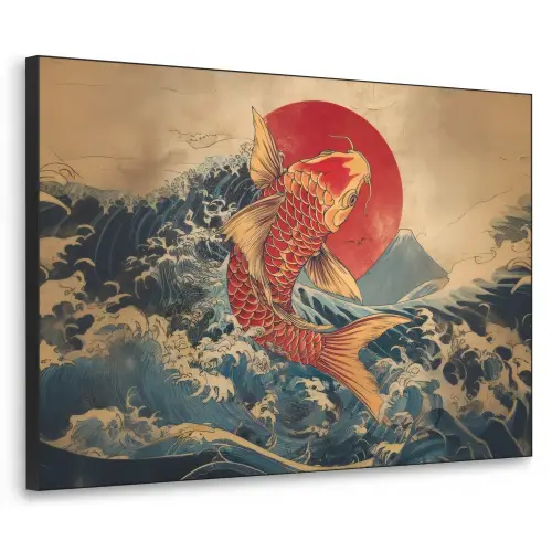 Koi - Zee - Golven - Zon Textielframe zwart klein -3d