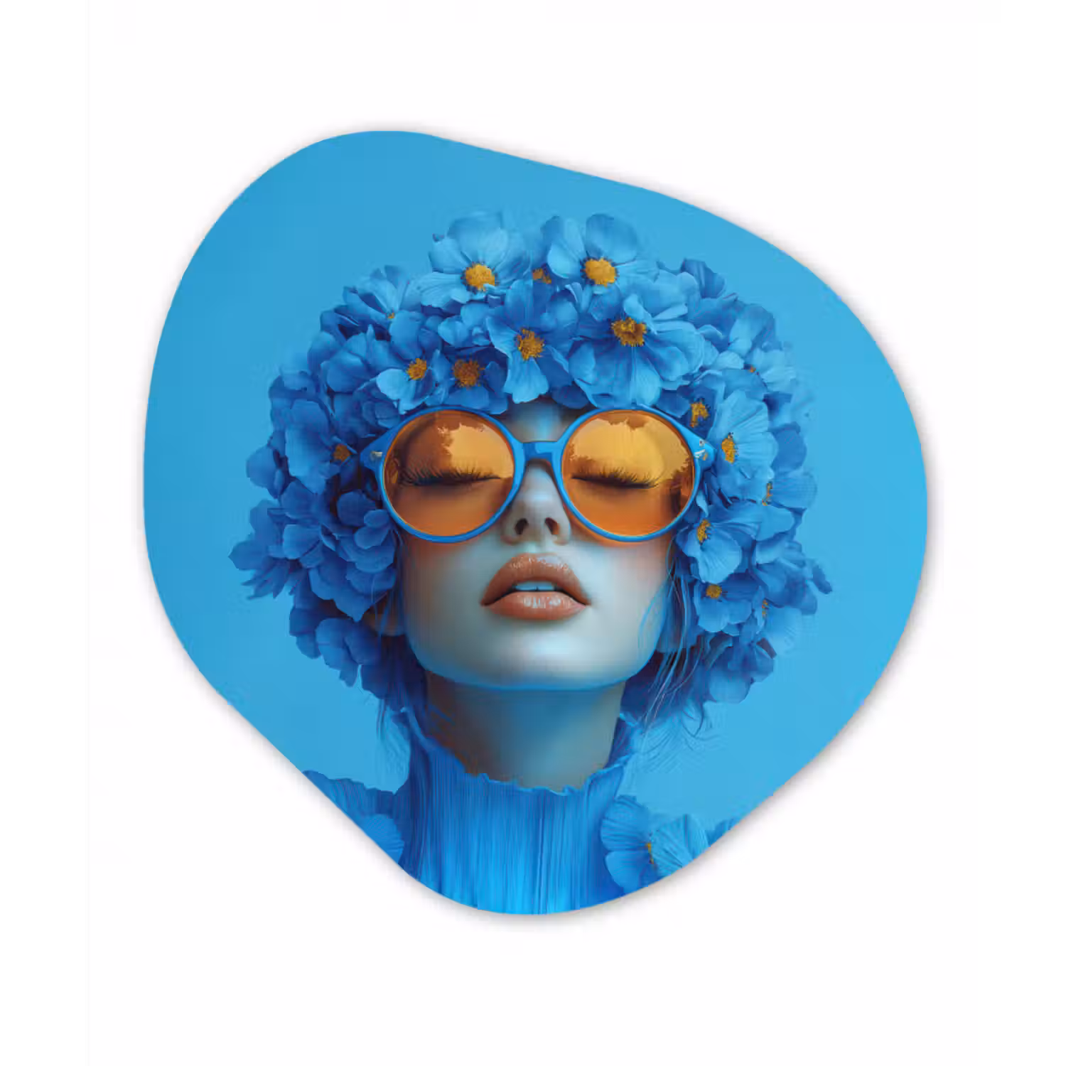 Glasbild Organische Form - Frau - Blume - Blau - Modern - Brille - Porträt