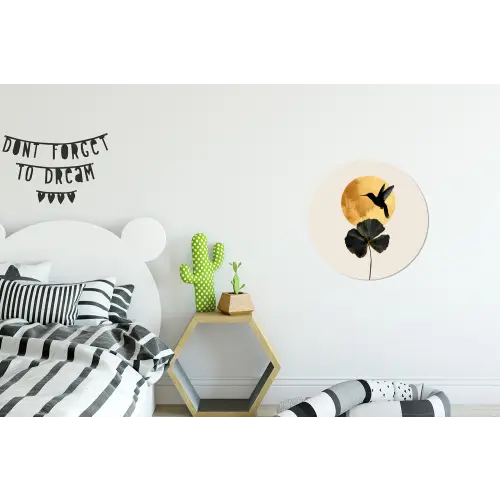 Zwarte kolibrie - Bloem - Gouden cirkel Wandcirkel aluminium klein -kinderkamer