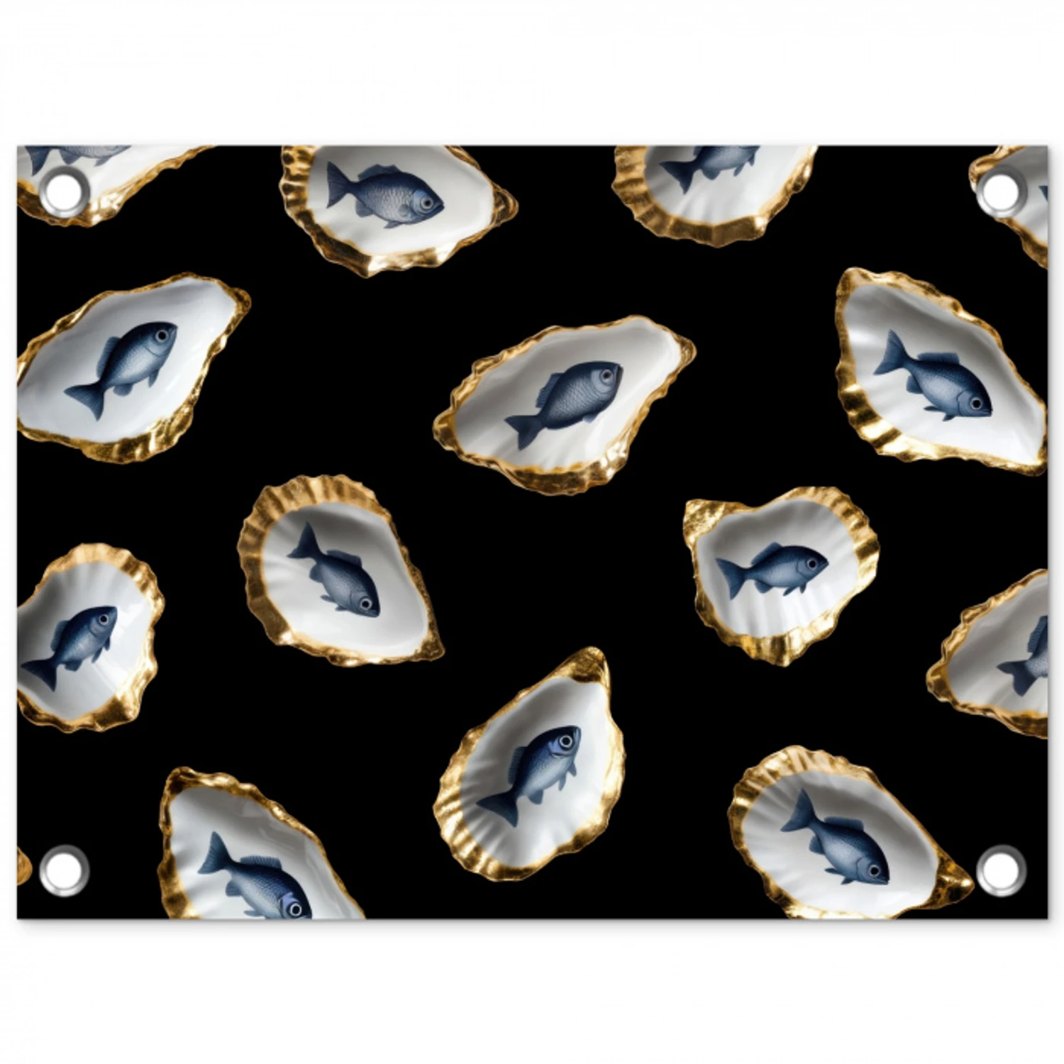 Oesters - Vissen - Blauw - Goud tuinposter los doek klein -3d