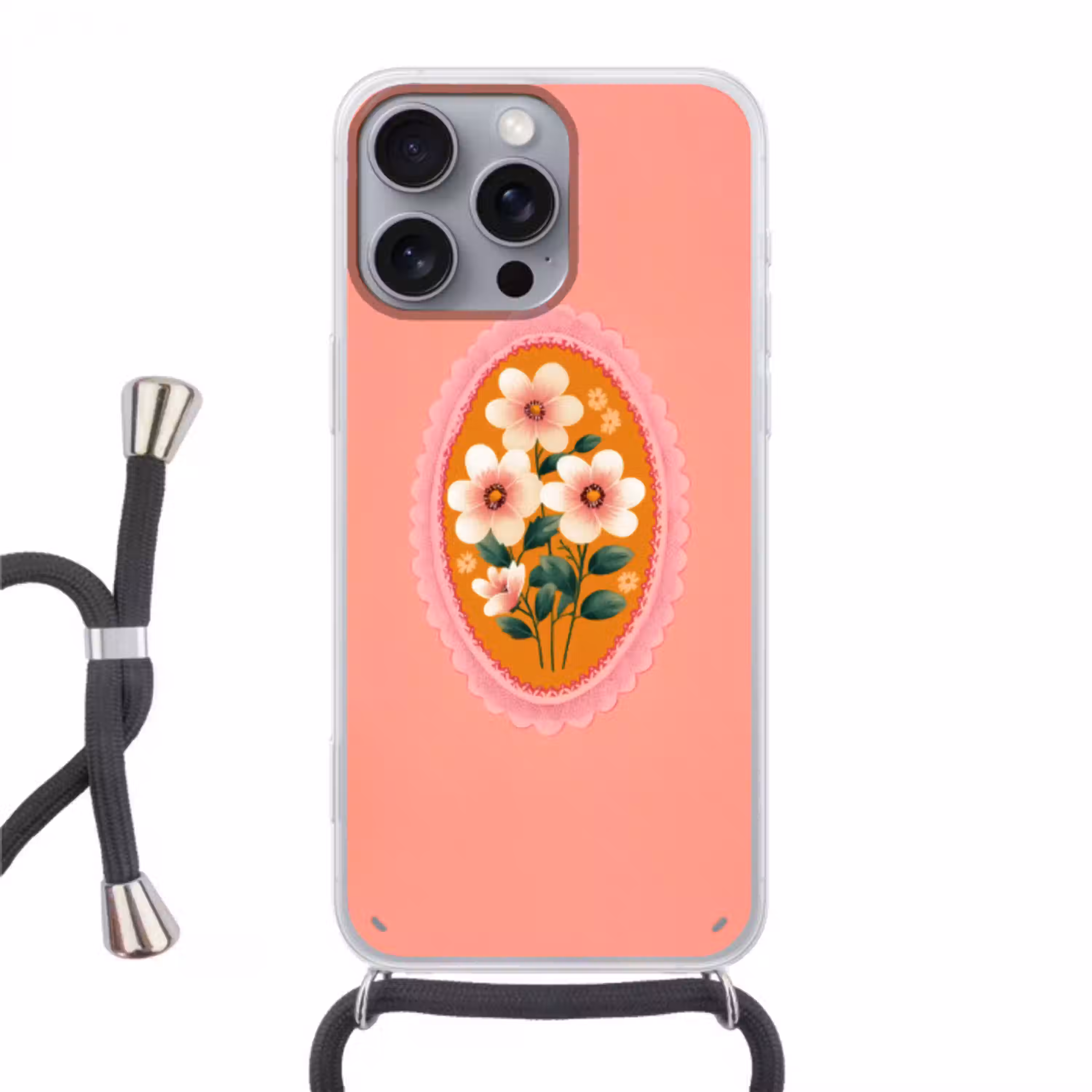 Illustratie - Bloemen - Rand - Roze Hoesje iPhone 16 Pro Max met koord klein -3d