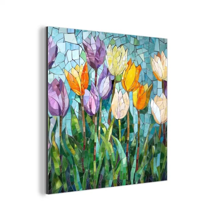 Mozaïek - Veld - Tulpen - Kleurrijk aluminium wit klein -3d