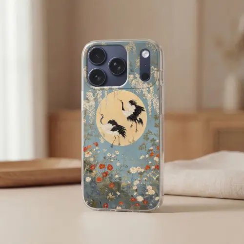 Kraanvogels - Maan - Bloemen - Blauw Telefoonhoesje iPhone 17 Pro klein -sfeer2