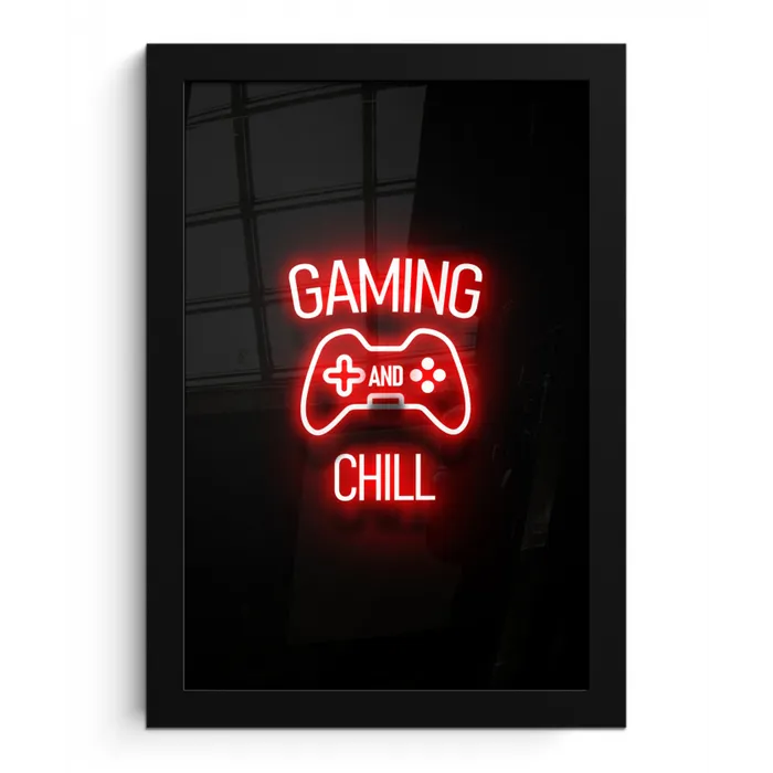 Gaming - Quotes - Gaming and chill - Neon - Rood fotolijst zwart zonder passe partout klein -3d
