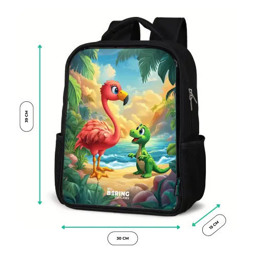 Flamingo en dinosaurus op strand bij ondergaande zon Rugzak - Zwart middel -productfoto_formaten
