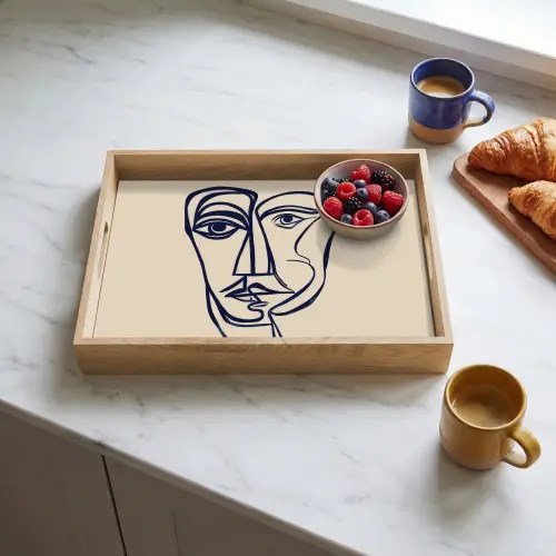 Minimalistisch - Lijnillustratie - Beige - Donkerblauw Dienblad Rechthoek middel -sfeer2