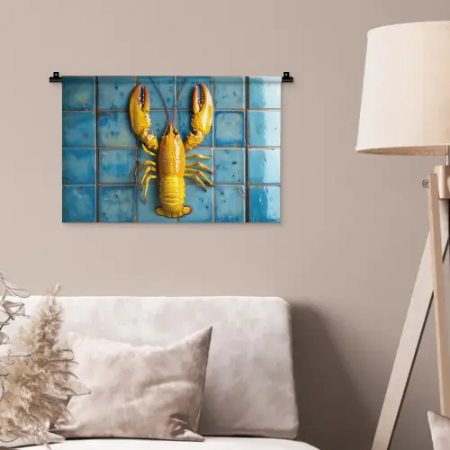 Kreeft - Geel - Blauw - Tegels Wandkleed katoen klein -sfeer4