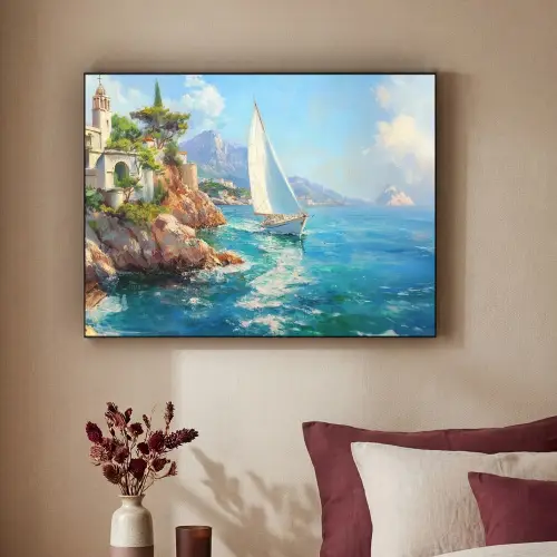 Zeilboot - Rotsen - Kust - Huizen Textielframe zwart klein -sfeer1