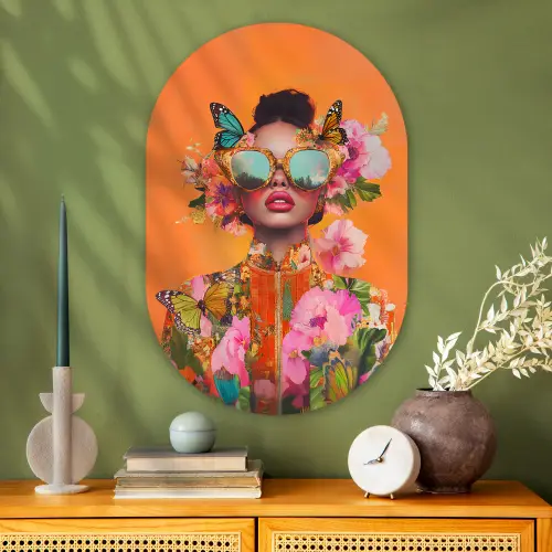 Vlinders - Vrouw - Zonnebril - Kleurrijk Wandcirkel Ovaal Glas middel -sfeer2